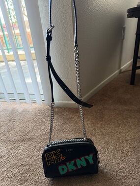 DKNY Black Leather Crossbody with Colorful Logo Patches
